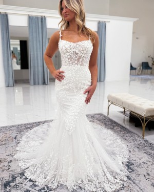 Lace White Spaghetti Straps Mermaid Wedding Dress NWD2681