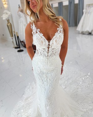 White Lace V-neck Mermaid Wedding Dress NWD2682