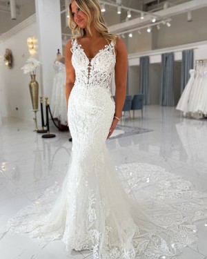 White Lace V-neck Mermaid Wedding Dress NWD2682