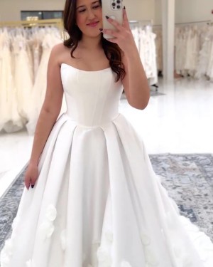 White Pleated Satin Strapless Prom Dress with Handmade Flowers WD2683