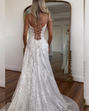 White Sequin Lace Sheath Spaghetti Straps Wedding Dress with Side Slit WD2684