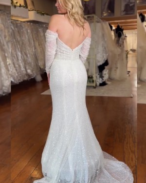 Ivory Off the Shoulder Sequin Lace Mermaid Ruched Wedding Dress with Long Sleeves WD2685