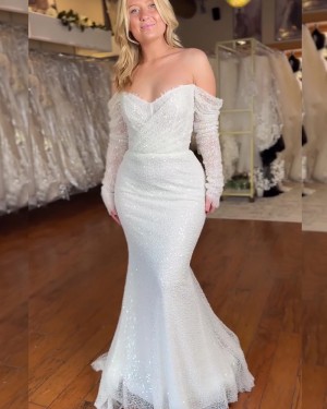 Ivory Off the Shoulder Sequin Lace Mermaid Ruched Wedding Dress with Long Sleeves WD2685