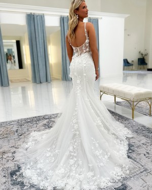 White Beading Lace Applique V-neck Mermaid Wedding Dress NWD2686