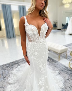 White Beading Lace Applique V-neck Mermaid Wedding Dress NWD2686
