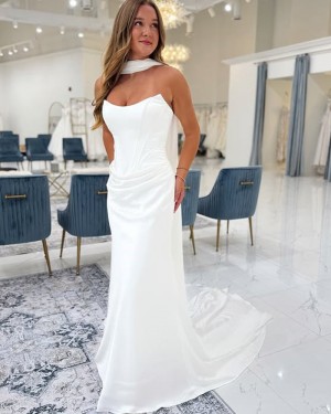 Satin Ruched Strapless Simple White Mermaid Wedding Dress NWD2687
