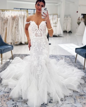 White Lace Ruffle Mermaid Off the Shoulder Wedding Dress WD2689