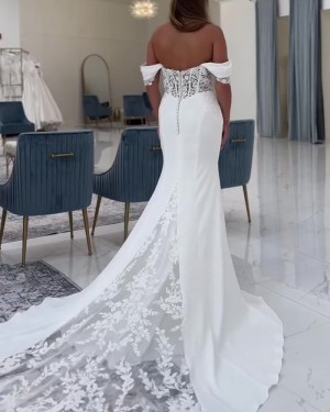 White Satin Ruched Lace Off the Shoulder Mermaid Wedding Dress NWD2690