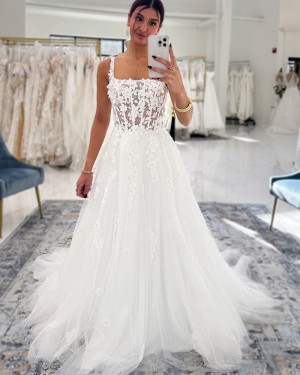 White Square Neckline Lace Applique Tulle Wedding Dress WD2690