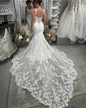 White Lace Applique Spaghetti Straps Mermaid Wedding Dress NWD2691