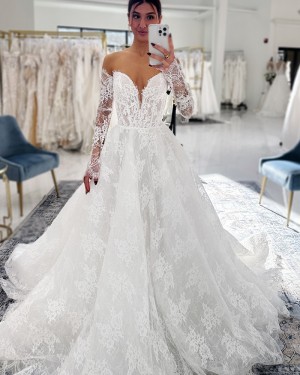 Ivory Off the Shoulder Lace Wedding Dress with Long Sleeves WD2691