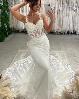 White Lace Applique Spaghetti Straps Mermaid Wedding Dress NWD2691