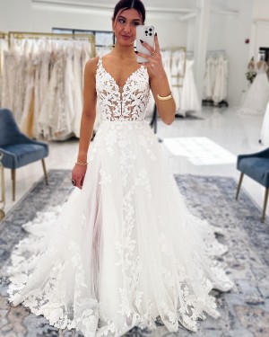 Lace Applique V-neck White Wedding Dress WD2692