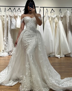 Lace White Mermaid Off the Shoulder Wedding Dress with Detachable Train NWD2694