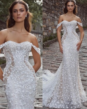 White Off the Shoulder Lace Mermaid Wedding Dress NWD2699