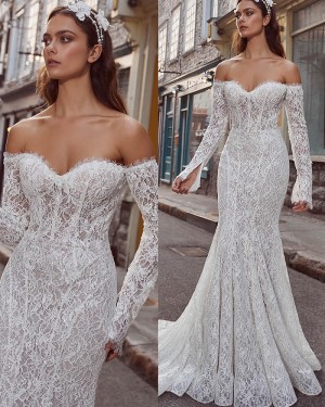 Ivory Off the Shoulder Lace Mermaid Wedding Dress with Long Sleeves NWD2700