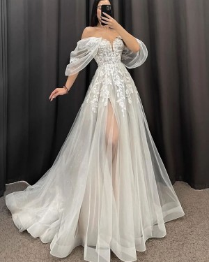 Ivory Tulle Applique Off the Shoulder Wedding Dress with Side Slit NWD2703