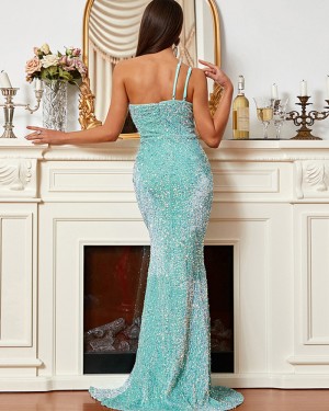 One Shoulder Cyan Sequin Ruched Mermaid Evening Dress with Side Slit XH1934