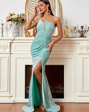 One Shoulder Cyan Sequin Ruched Mermaid Evening Dress with Side Slit XH1934