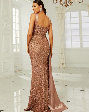 Square Neckline Sequin Gold Evening Dress XH2162