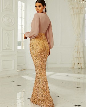V-neck Sequin Mermaid Evening Dress with Long Sleeves XH2240