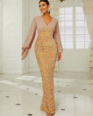 V-neck Sequin Mermaid Evening Dress with Long Sleeves XH2240