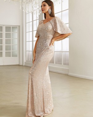 V-neck Rose Gold Sequin Mermaid Evening Dress with Cape Sleeves XH2266