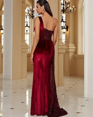 One Shoulder Burgundy Sequin Evening Dress with Side Slit XH2356