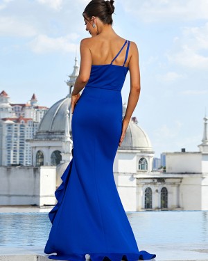 One Shoulder Ruched Blue  Evening Dress with Side Slit XJ1756