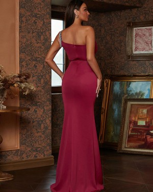 One Shoulder Burgundy Mermaid Evening Dress with Tassels XJ2086