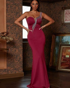 One Shoulder Burgundy Mermaid Evening Dress with Tassels XJ2086