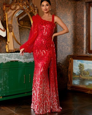 One Shoulder Sequin Red Evening Dress with Long Sleeves XJ2857