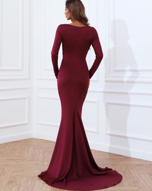 V-neck Burgundy Cutout Mermaid Evening Dress with Long Sleeves XJ790