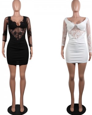 Square White Bodycon Club Dress with Long Lace Sleeves M878