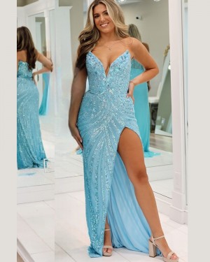 Cyan Beading Lace V-neck Prom Dress with Side Slit PM2676