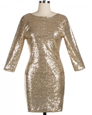 Sequined Sheath Scoop Gold Cocktail Dress With 3/4 Length Sleeves HD3182