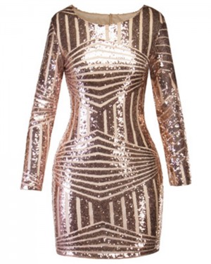 Gold Sequined Sheath Jewel Club Dress With 3/4 Length Sleeves HD3018