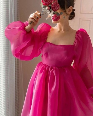Fuchsia Tulle Square Neckline Empire Ruched Bridgerton Dress with Long Sleeves VD002