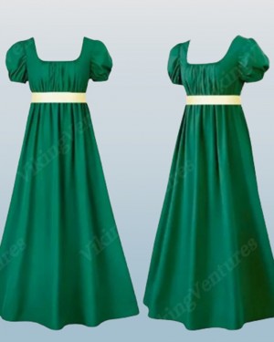 Pearl Pink Square Neckline Empire Satin Bridgerton Dress with Puff Sleeves VD003