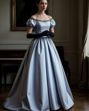Off the Shoulder Light Blue Applique Empire Satin Bridgerton Dress with Puff Sleeves VD004