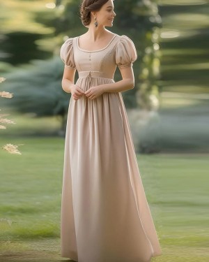 Pearl Pink Chiffon Square Neckline Empire Bridgerton Dress with Puff Sleeves VD005