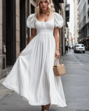 White Chiffon Scoop Ruched Empire Ankle Length Empire Bridgerton Dress with Puff Sleeves VD006